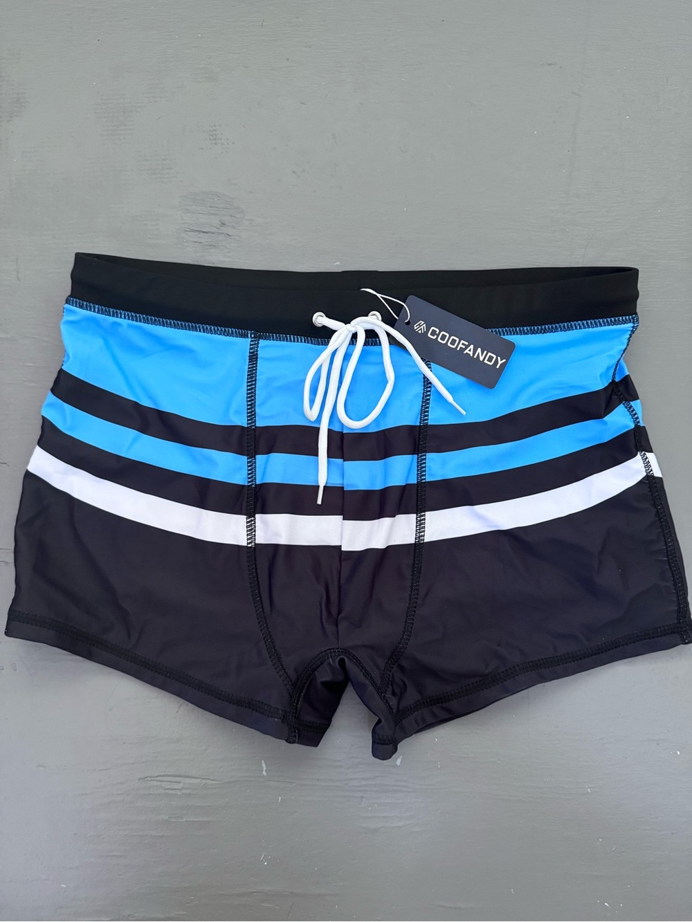 Men’s Black, Blue & White Stripe Swim Trunks